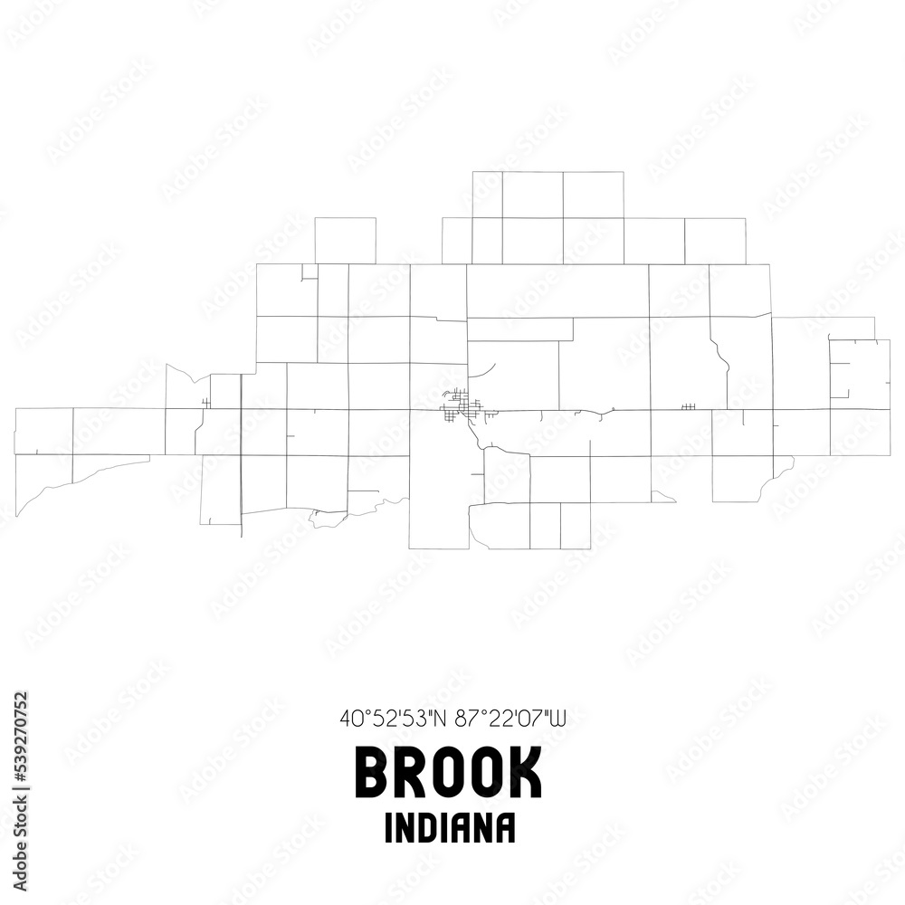 Brook Indiana. US street map with black and white lines.
