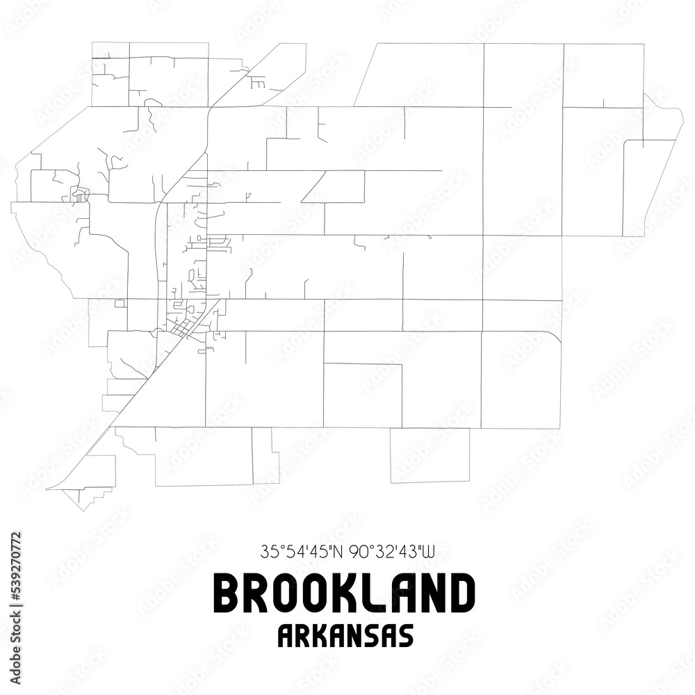 Brookland Arkansas. US street map with black and white lines.