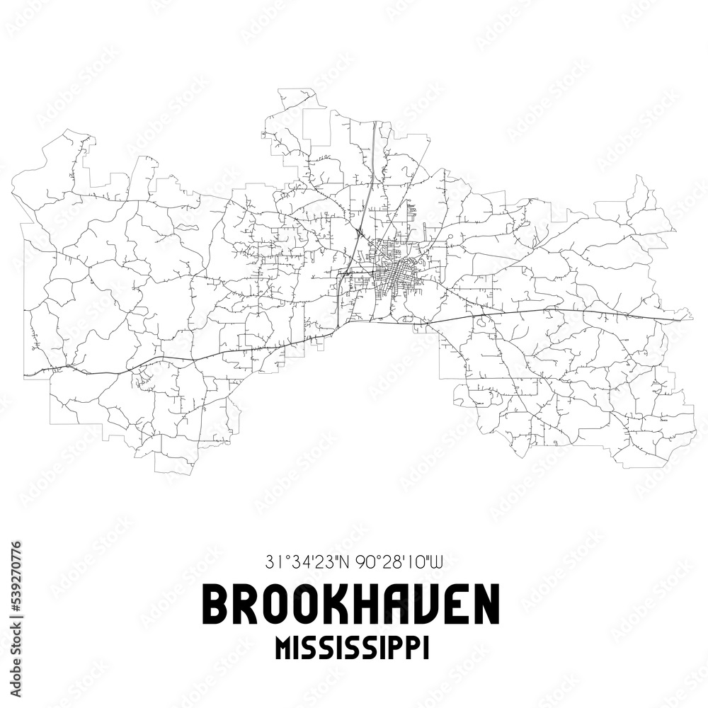Brookhaven Mississippi. US street map with black and white lines.