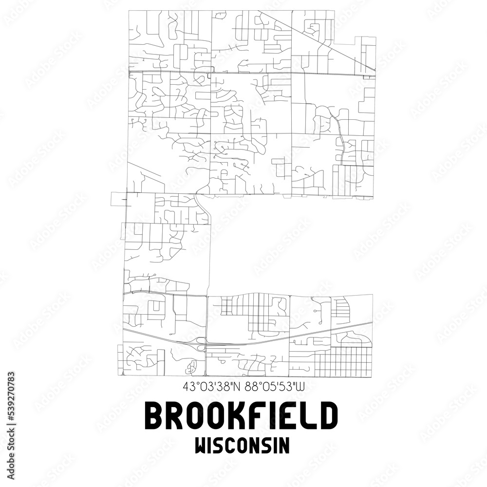 Brookfield Wisconsin. US street map with black and white lines.