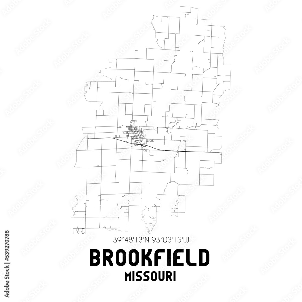 Brookfield Missouri. US street map with black and white lines.