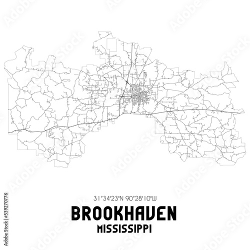 Brookhaven Mississippi. US street map with black and white lines.