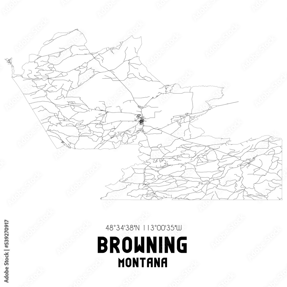 Browning Montana. US street map with black and white lines.