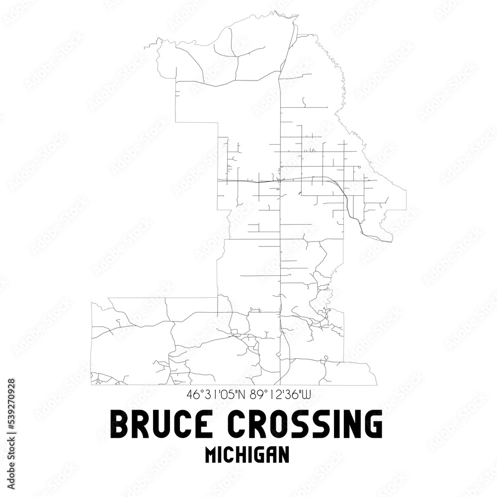 Bruce Crossing Michigan. US street map with black and white lines.
