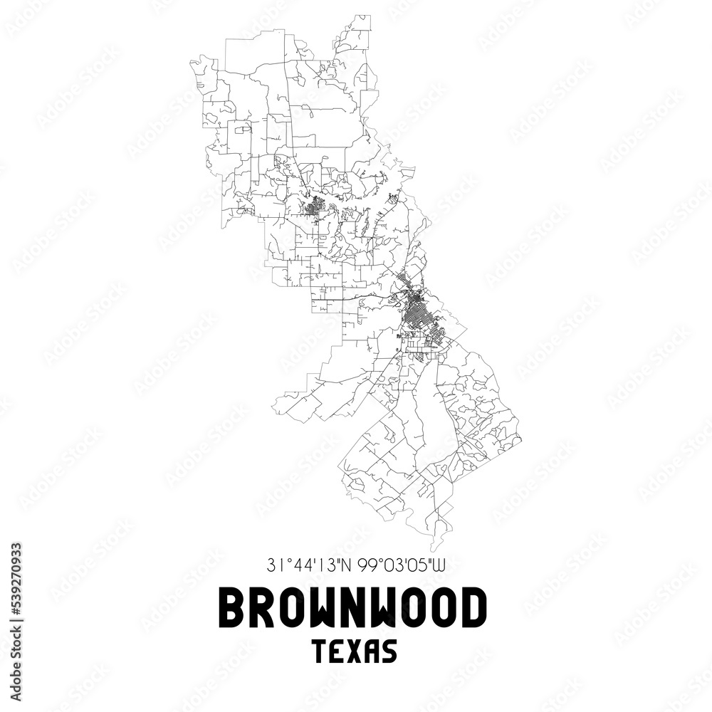 Brownwood Texas. US street map with black and white lines.