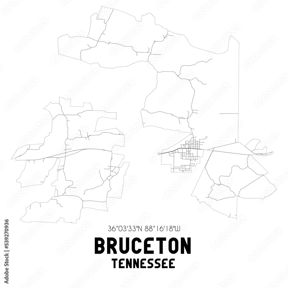 Bruceton Tennessee. US street map with black and white lines.