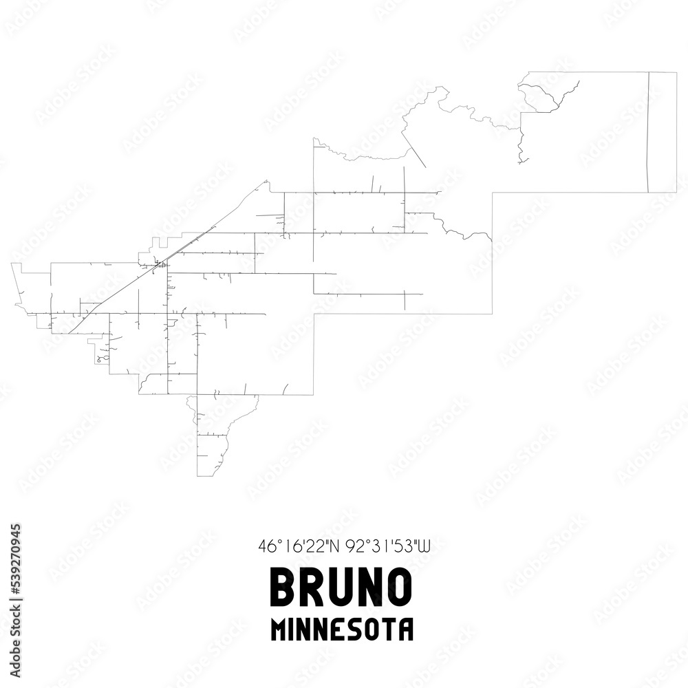 Bruno Minnesota. US street map with black and white lines.