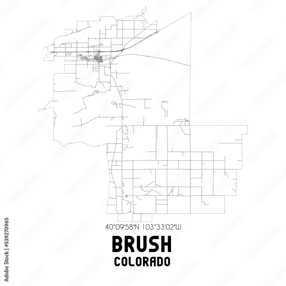 Brush Colorado. US street map with black and white lines.