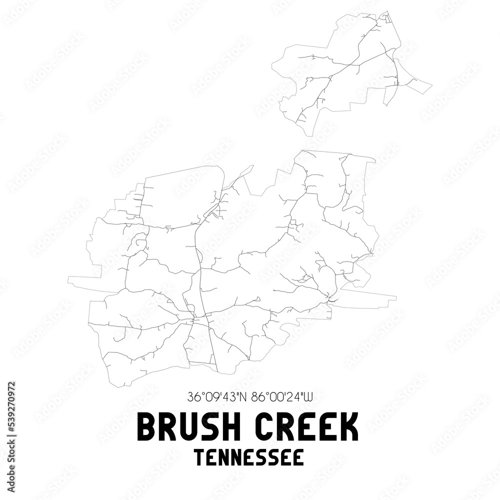 Brush Creek Tennessee. US street map with black and white lines.