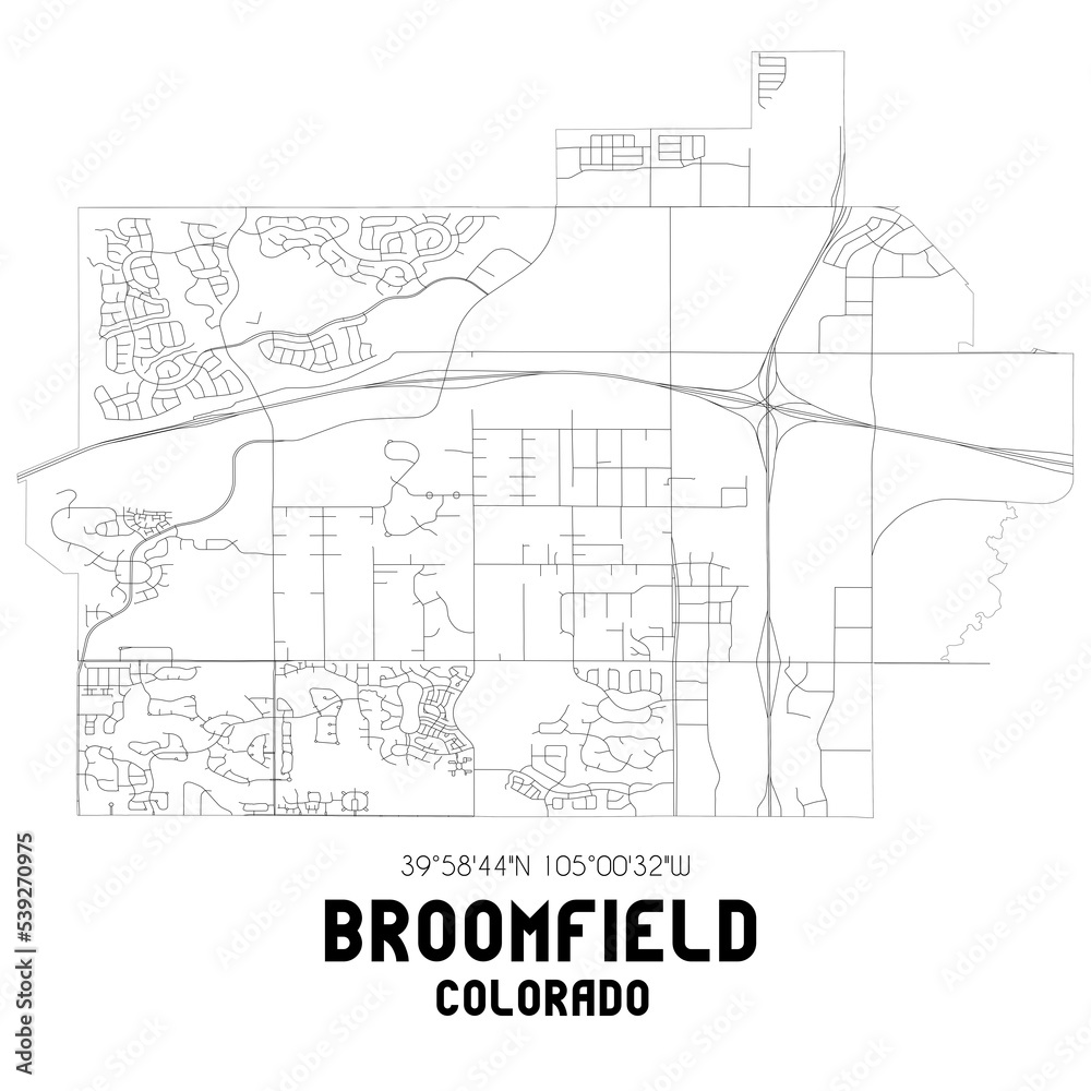 Broomfield Colorado. US street map with black and white lines.
