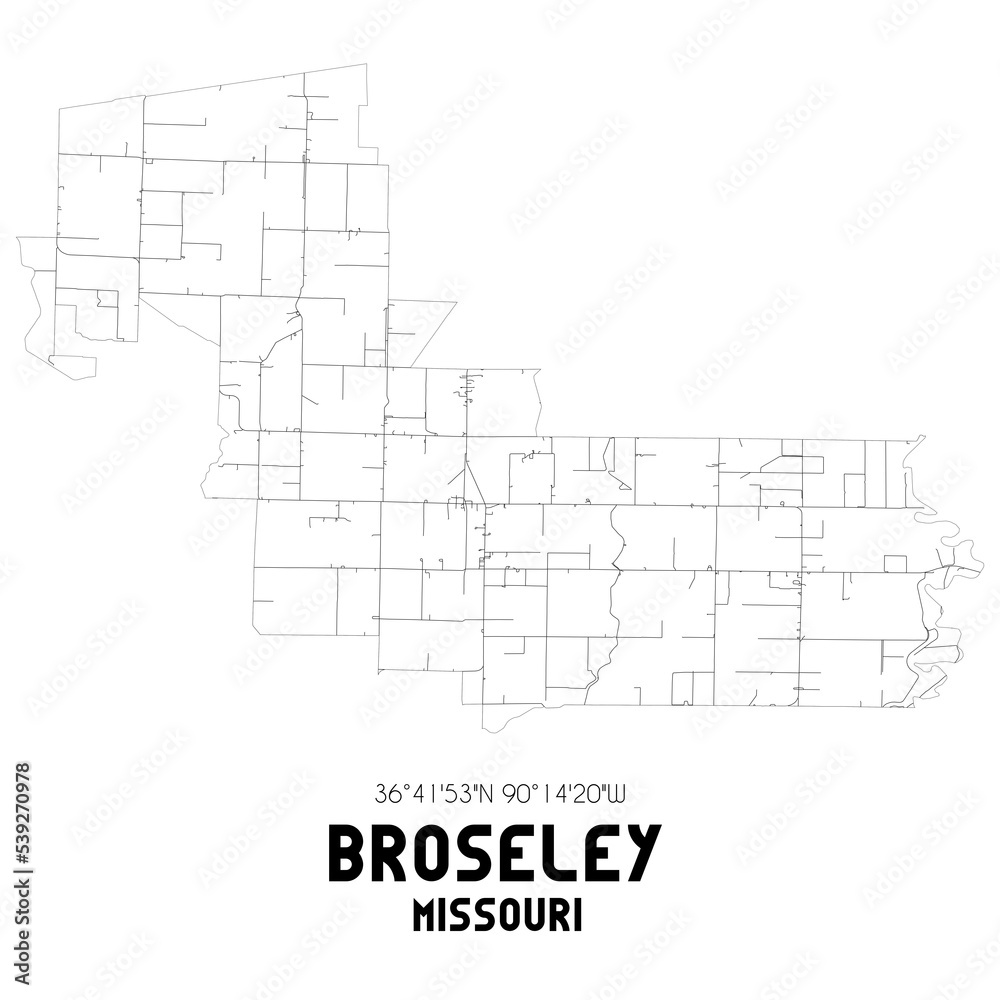 Broseley Missouri. US street map with black and white lines.