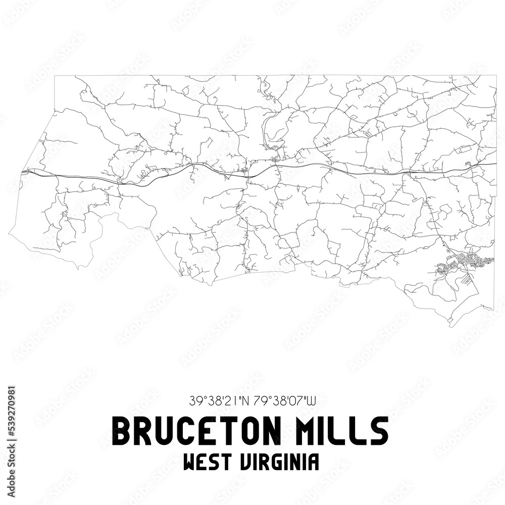 Bruceton Mills West Virginia. US street map with black and white lines.