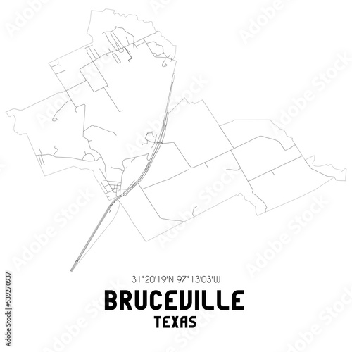 Bruceville Texas. US street map with black and white lines.