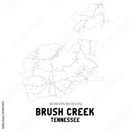 Brush Creek Tennessee. US street map with black and white lines.