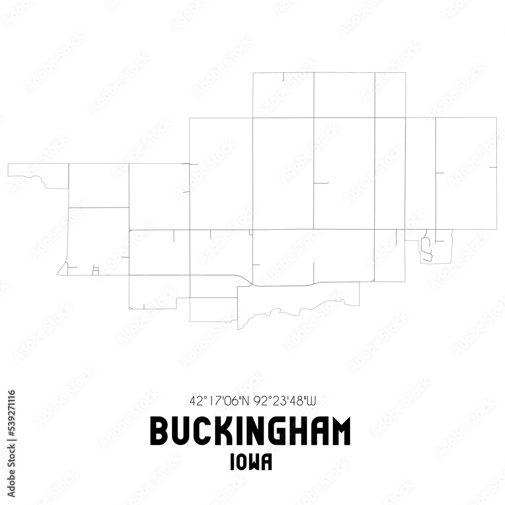 Buckingham Iowa. US street map with black and white lines.