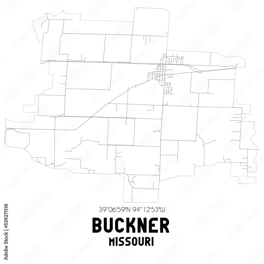 Buckner Missouri. US street map with black and white lines.