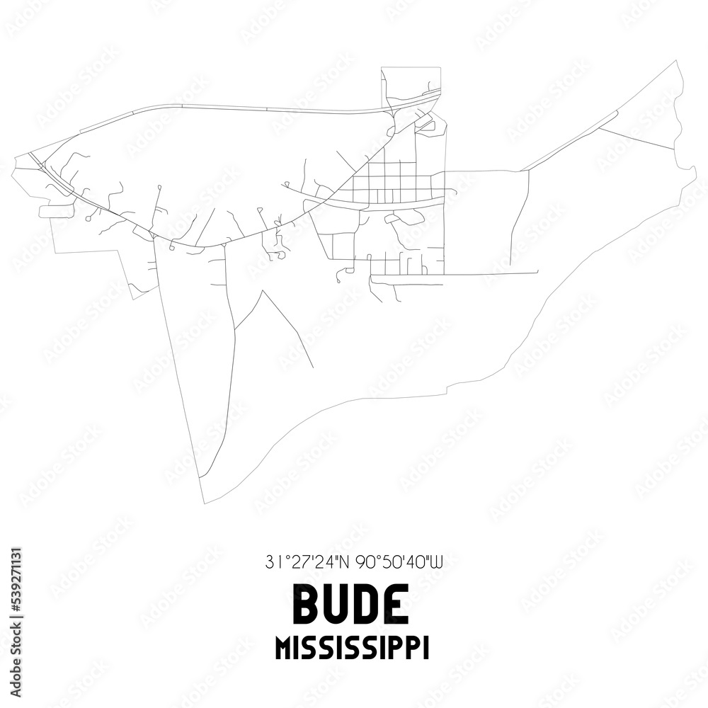 Bude Mississippi. US street map with black and white lines.