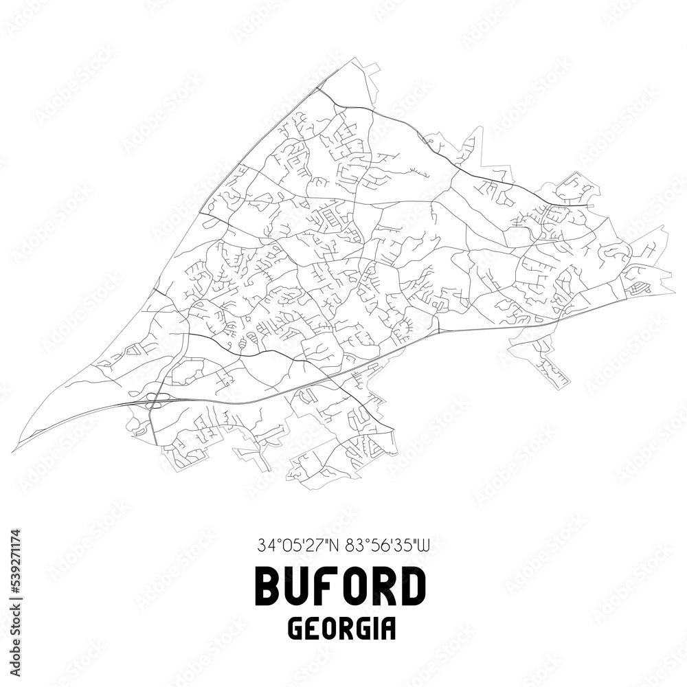 Buford US street map with black and white lines. Stock