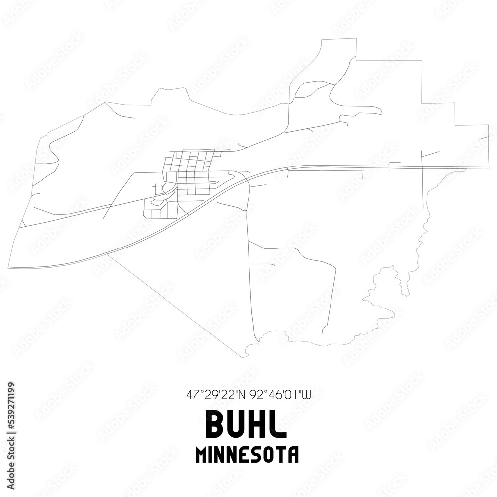 Buhl Minnesota. US street map with black and white lines.