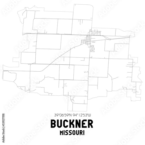 Buckner Missouri. US street map with black and white lines.