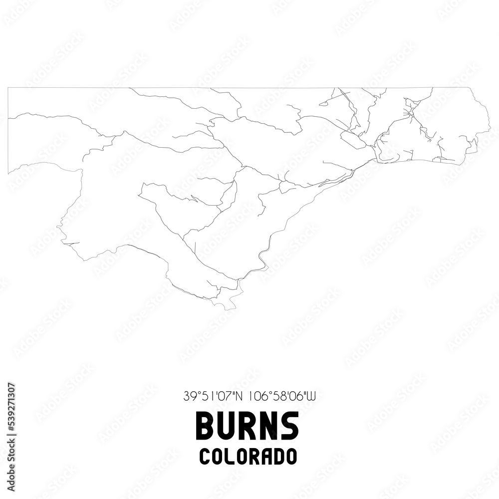 Burns Colorado. US street map with black and white lines.