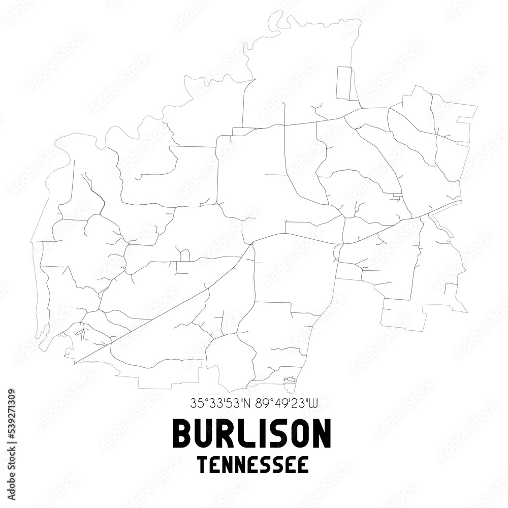 Burlison Tennessee. US street map with black and white lines.