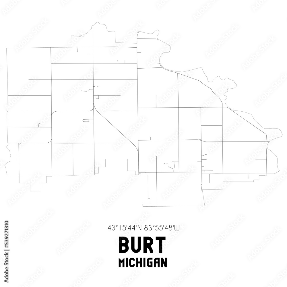 Burt Michigan. US street map with black and white lines.