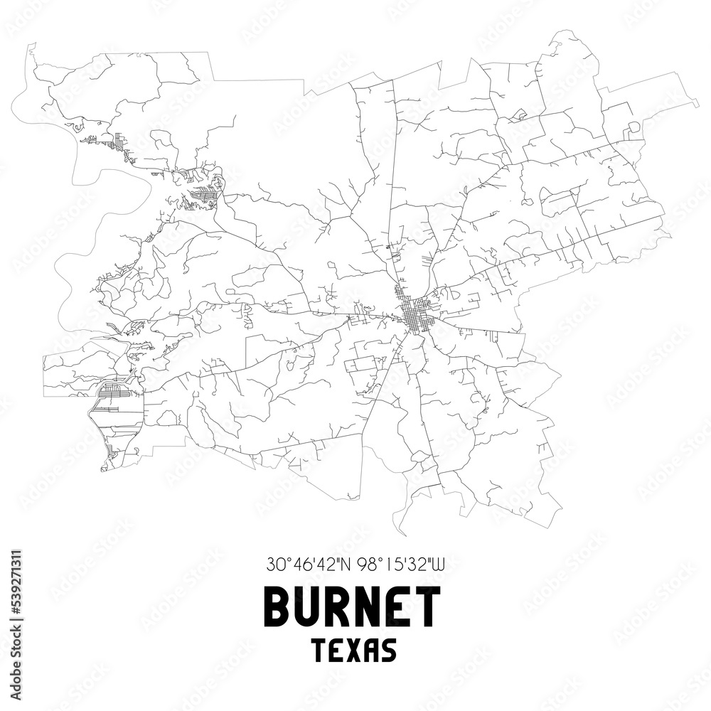 Burnet Texas. US street map with black and white lines.