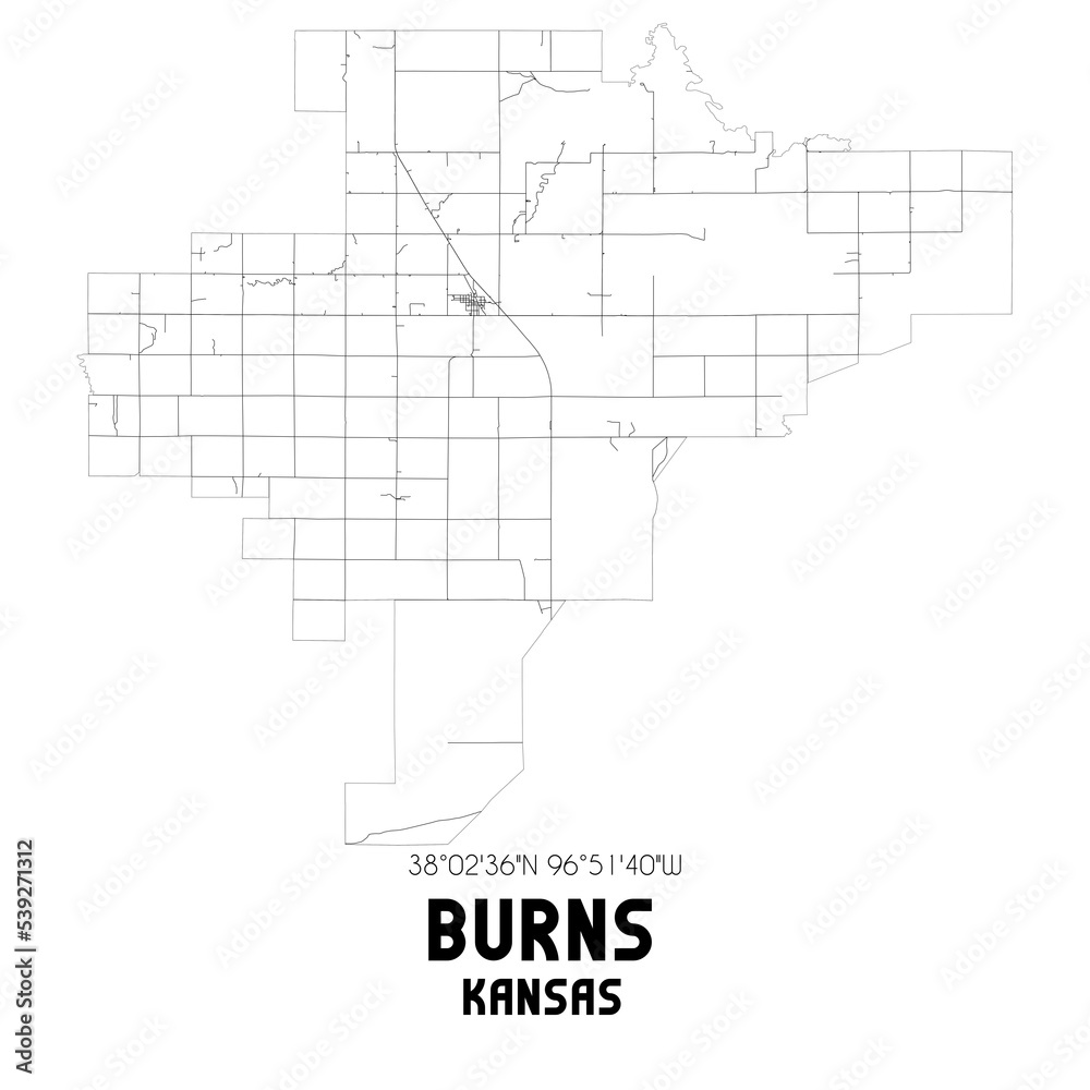 Burns Kansas. US street map with black and white lines.