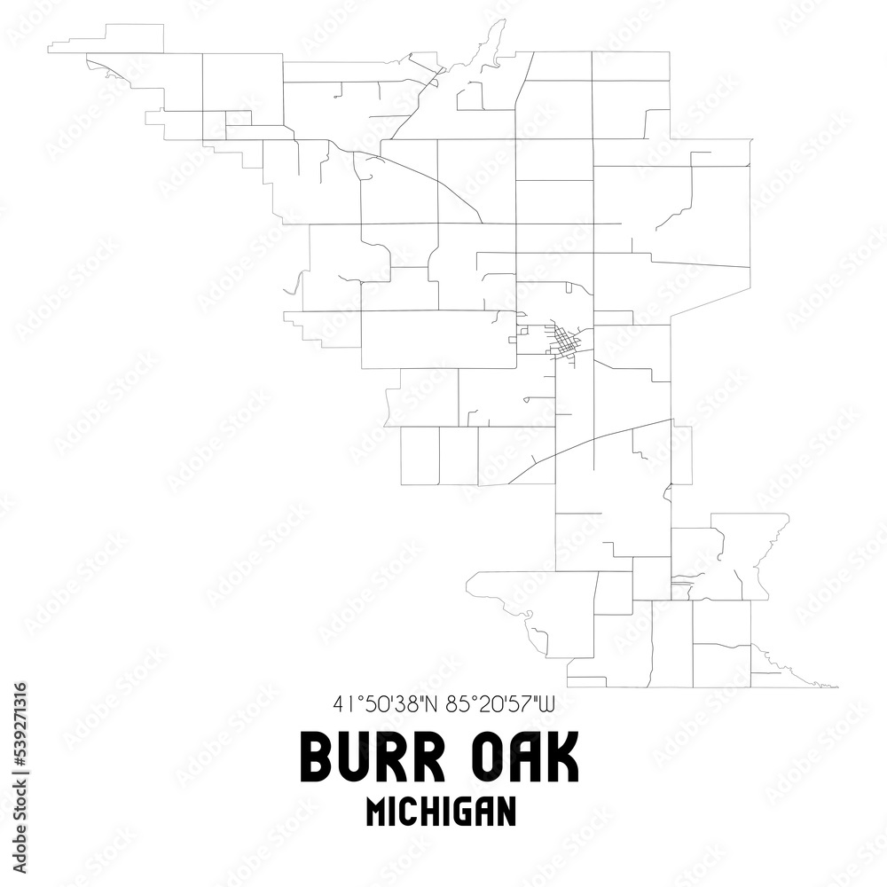 Burr Oak Michigan. US street map with black and white lines.