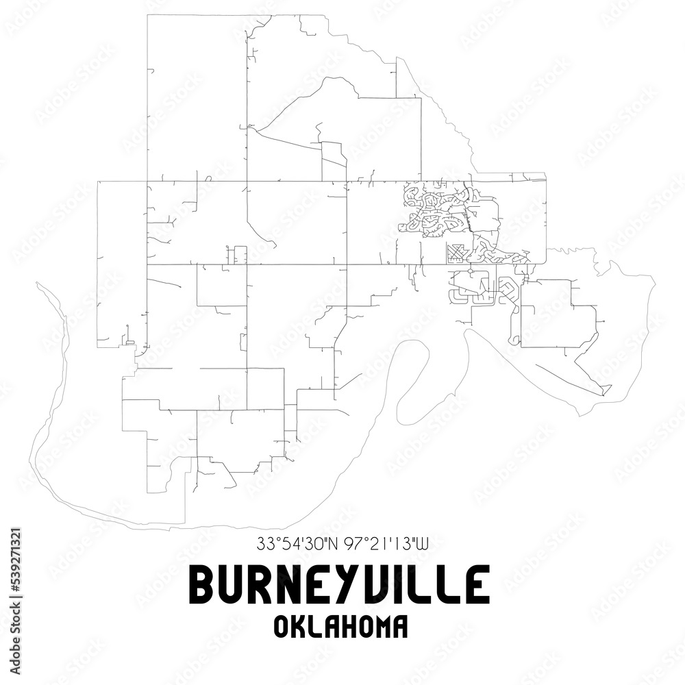 Burneyville Oklahoma. US street map with black and white lines.