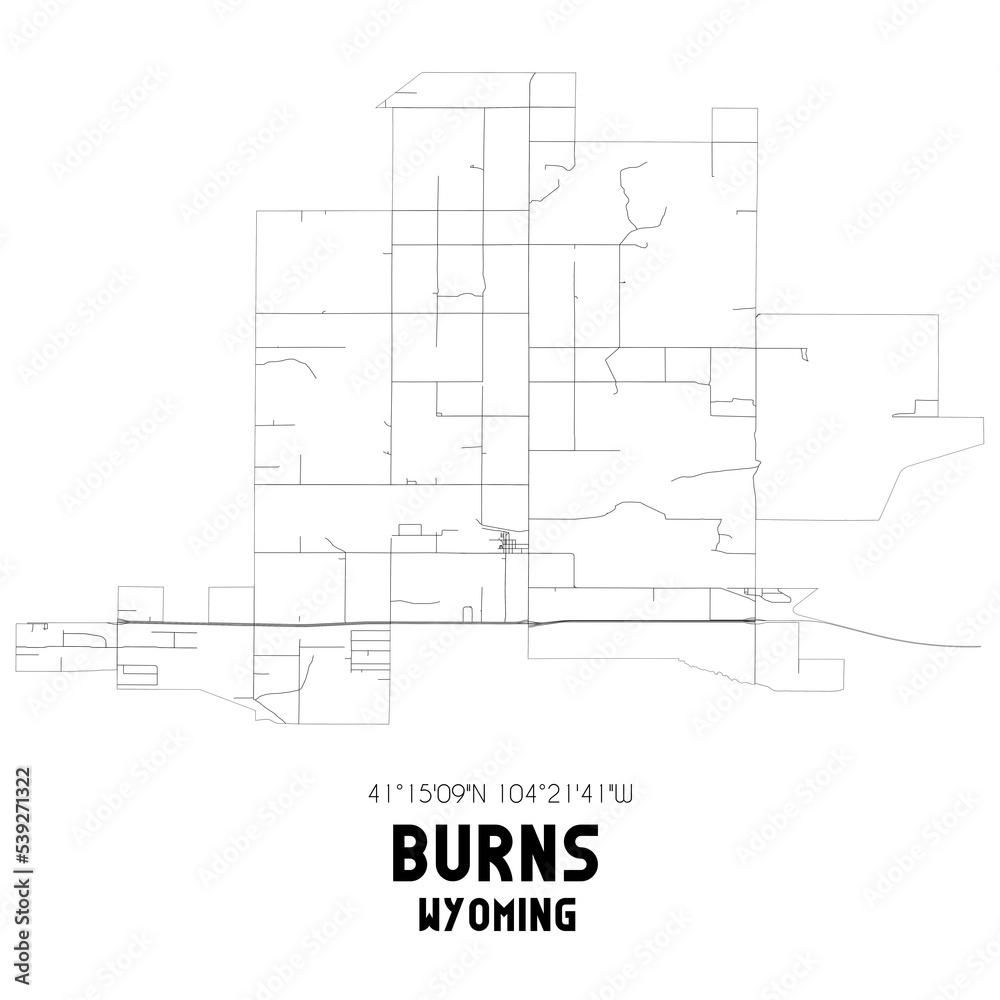 Burns Wyoming. US street map with black and white lines.