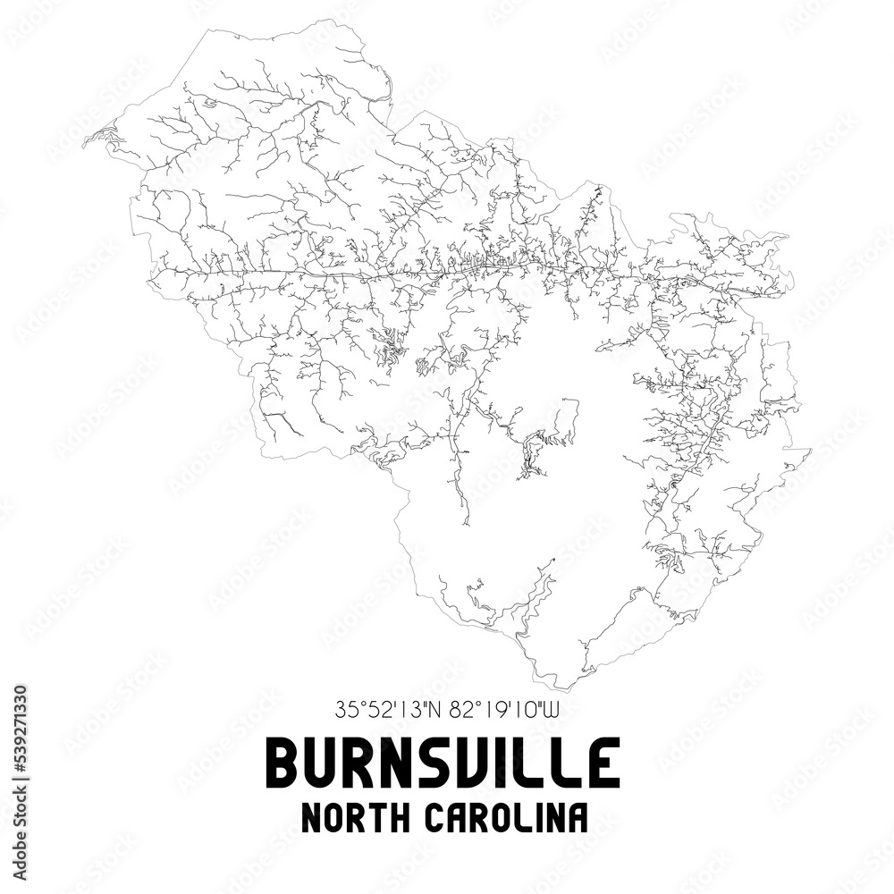 Burnsville North Carolina. US street map with black and white lines.