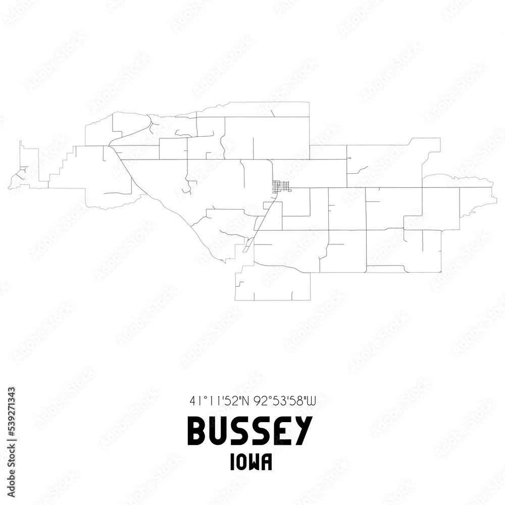 Bussey Iowa. US street map with black and white lines.