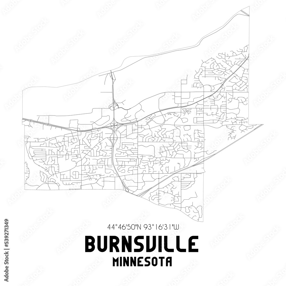 Burnsville Minnesota. US street map with black and white lines.