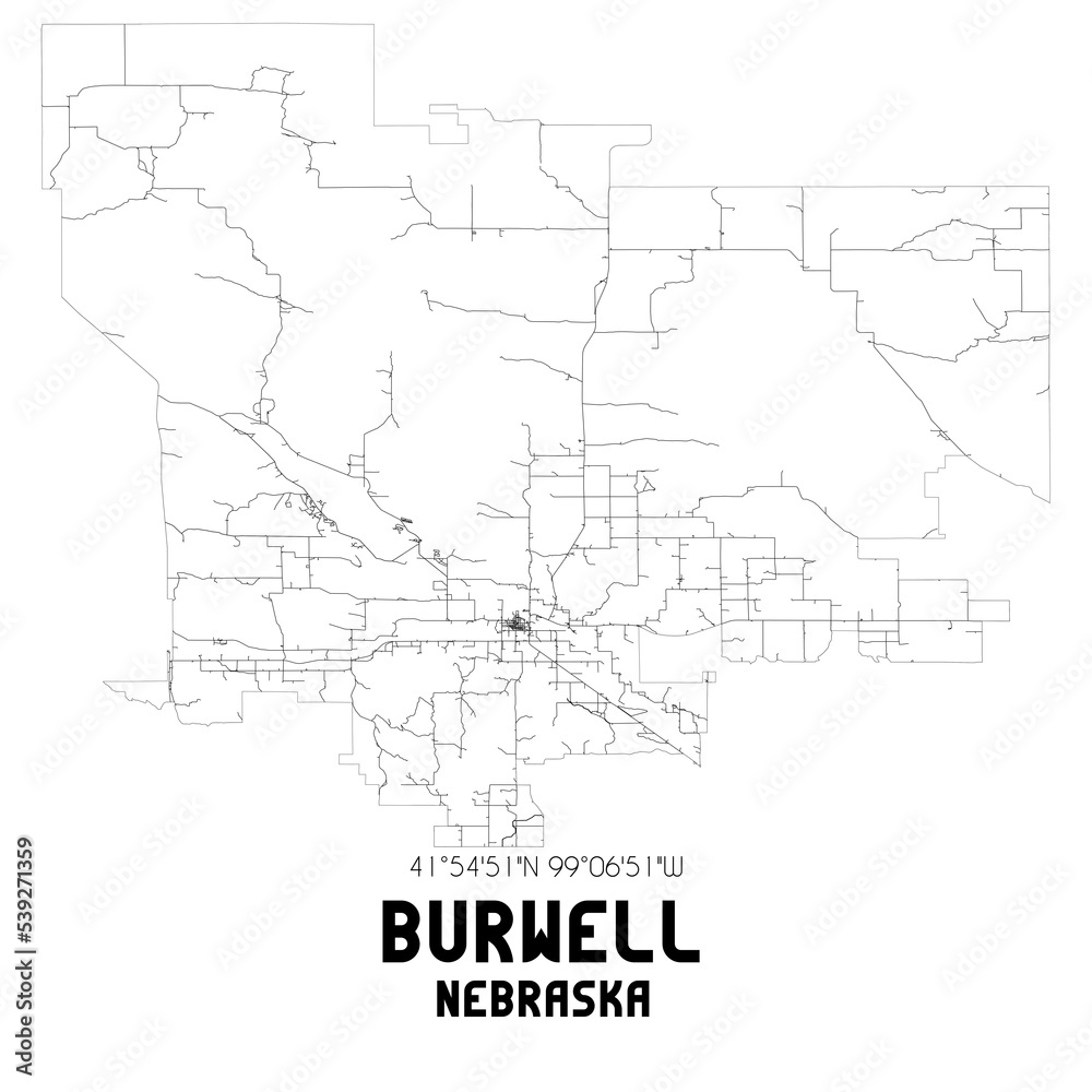 Burwell Nebraska. US street map with black and white lines. Stock