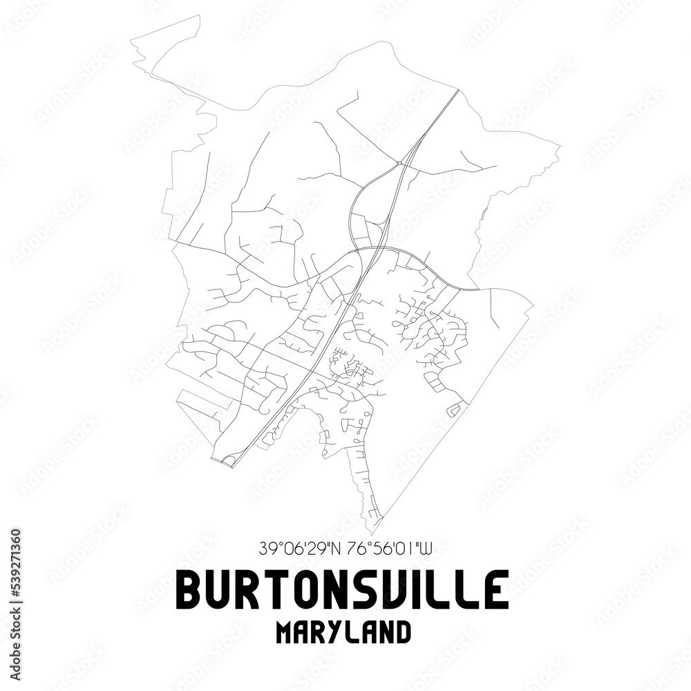 Burtonsville Maryland. US street map with black and white lines.
