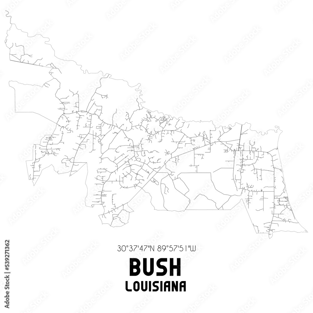 Bush Louisiana. US street map with black and white lines.