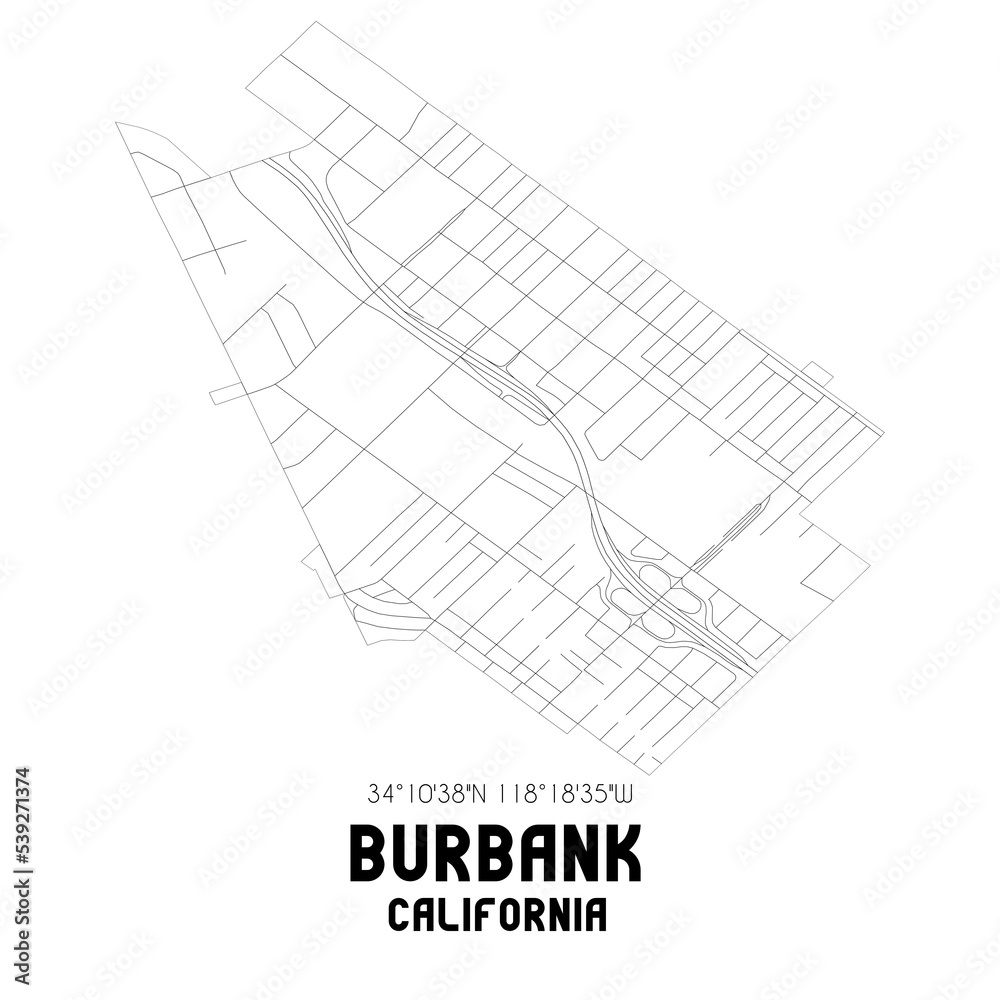Burbank California. US street map with black and white lines.