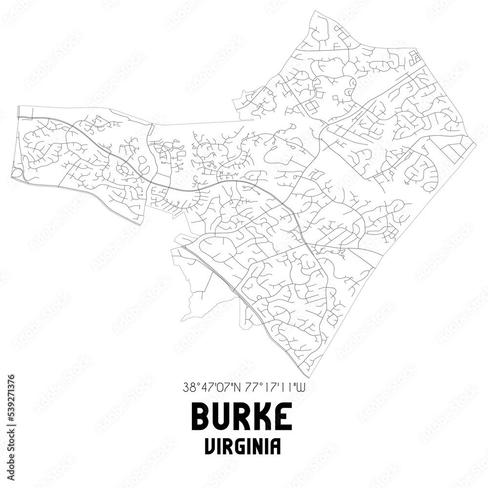 Burke Virginia. US street map with black and white lines. Stock