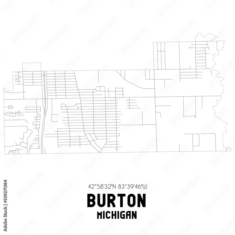 Burton Michigan. US street map with black and white lines.