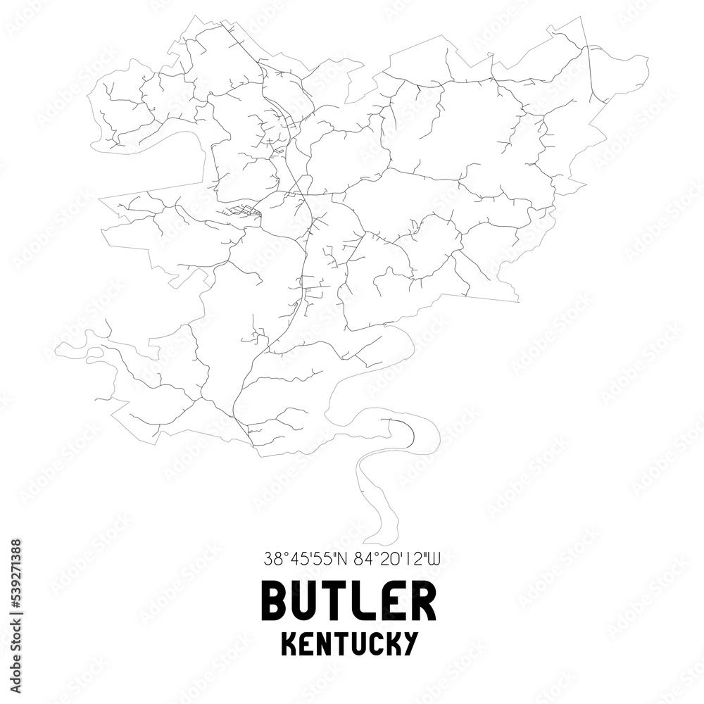 Butler Kentucky. US street map with black and white lines.