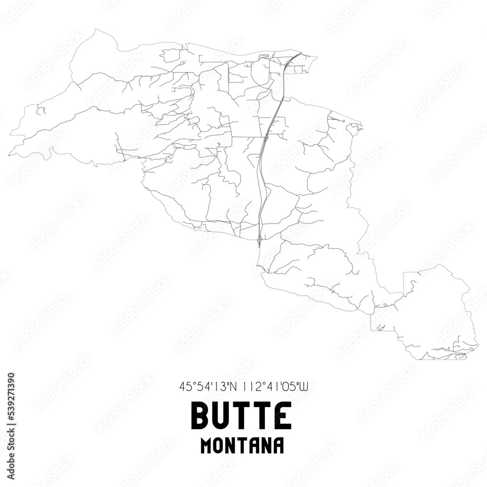 Butte Montana. US street map with black and white lines.