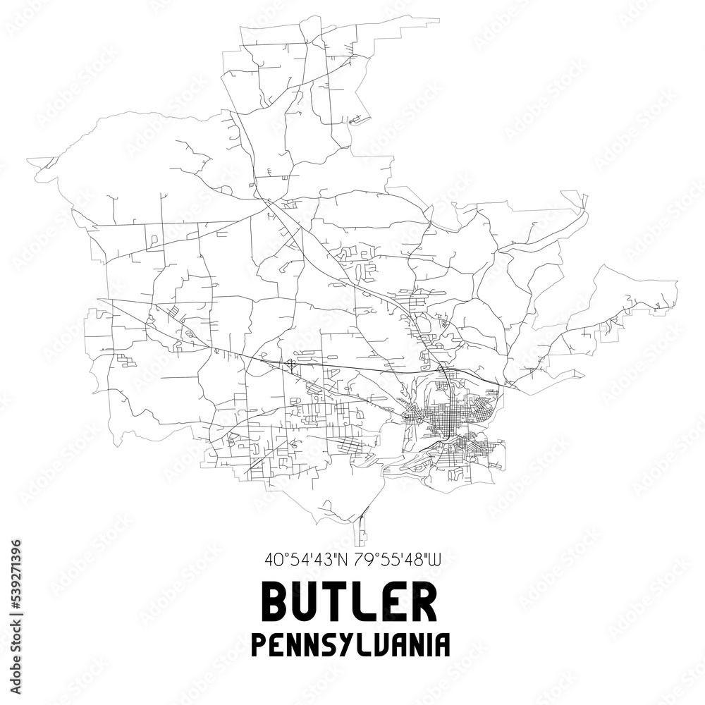 Butler Pennsylvania. US street map with black and white lines.