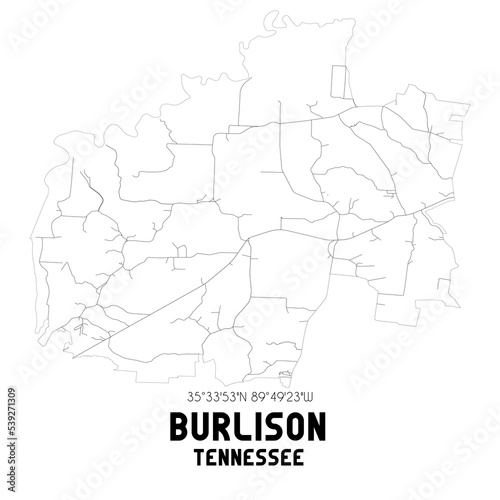 Burlison Tennessee. US street map with black and white lines.