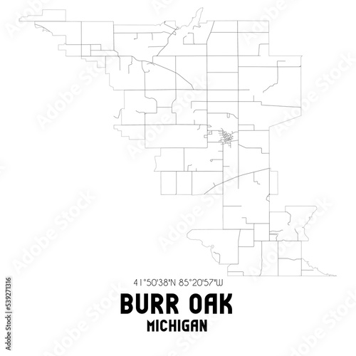 Burr Oak Michigan. US street map with black and white lines.