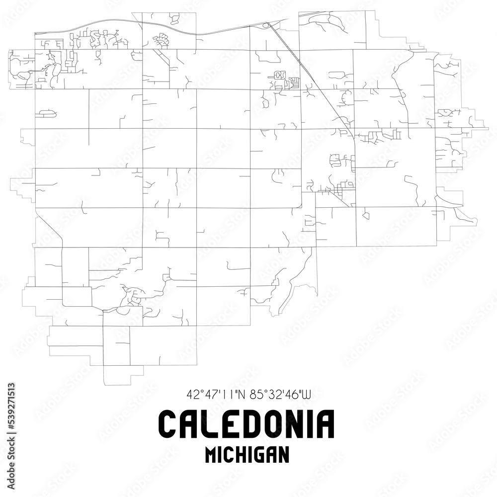 Caledonia Michigan. US street map with black and white lines.