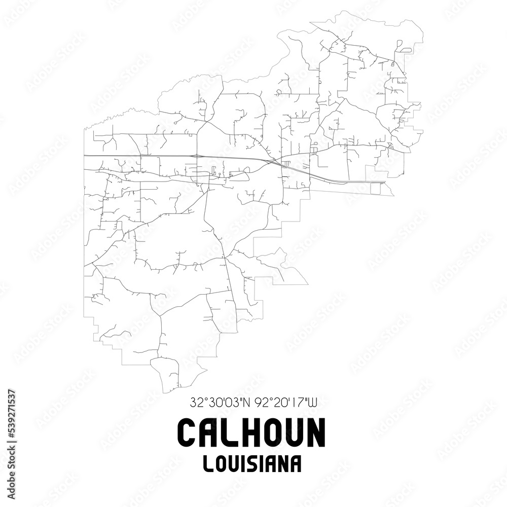 Calhoun Louisiana. US street map with black and white lines.