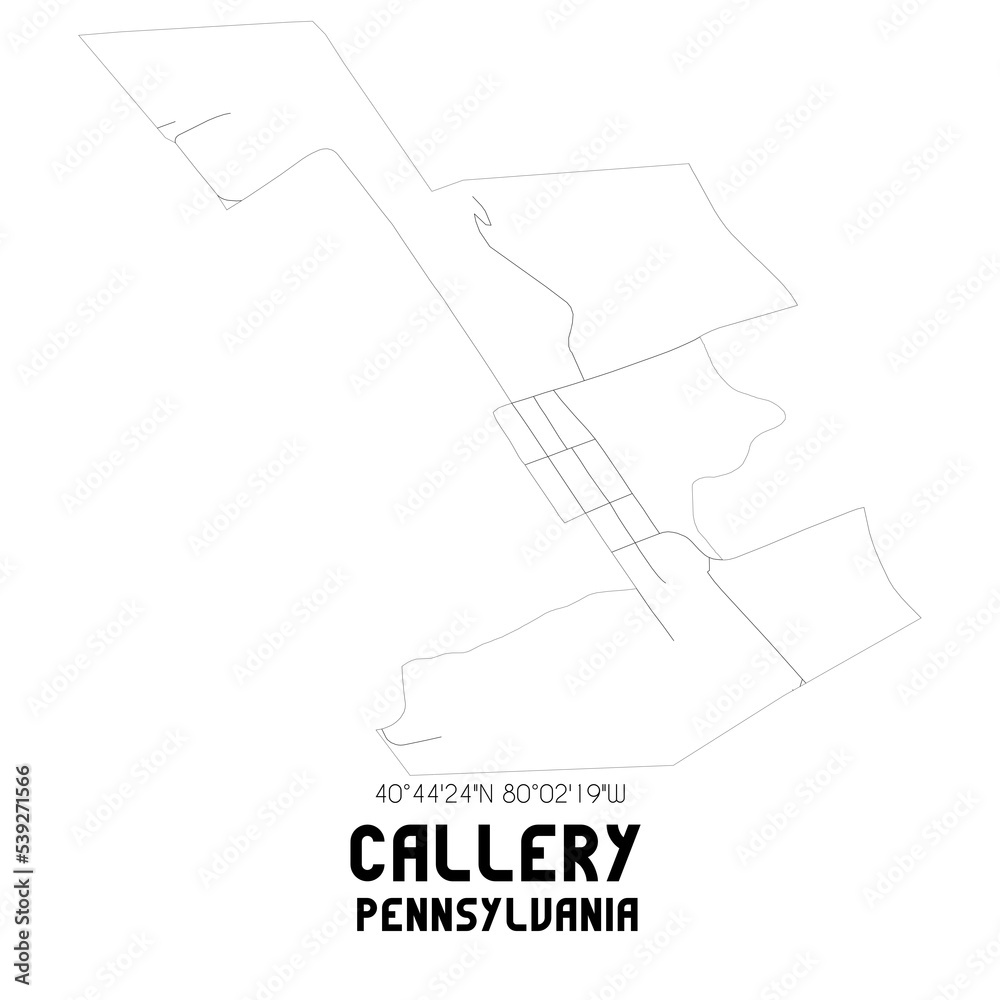 Callery Pennsylvania. US street map with black and white lines.