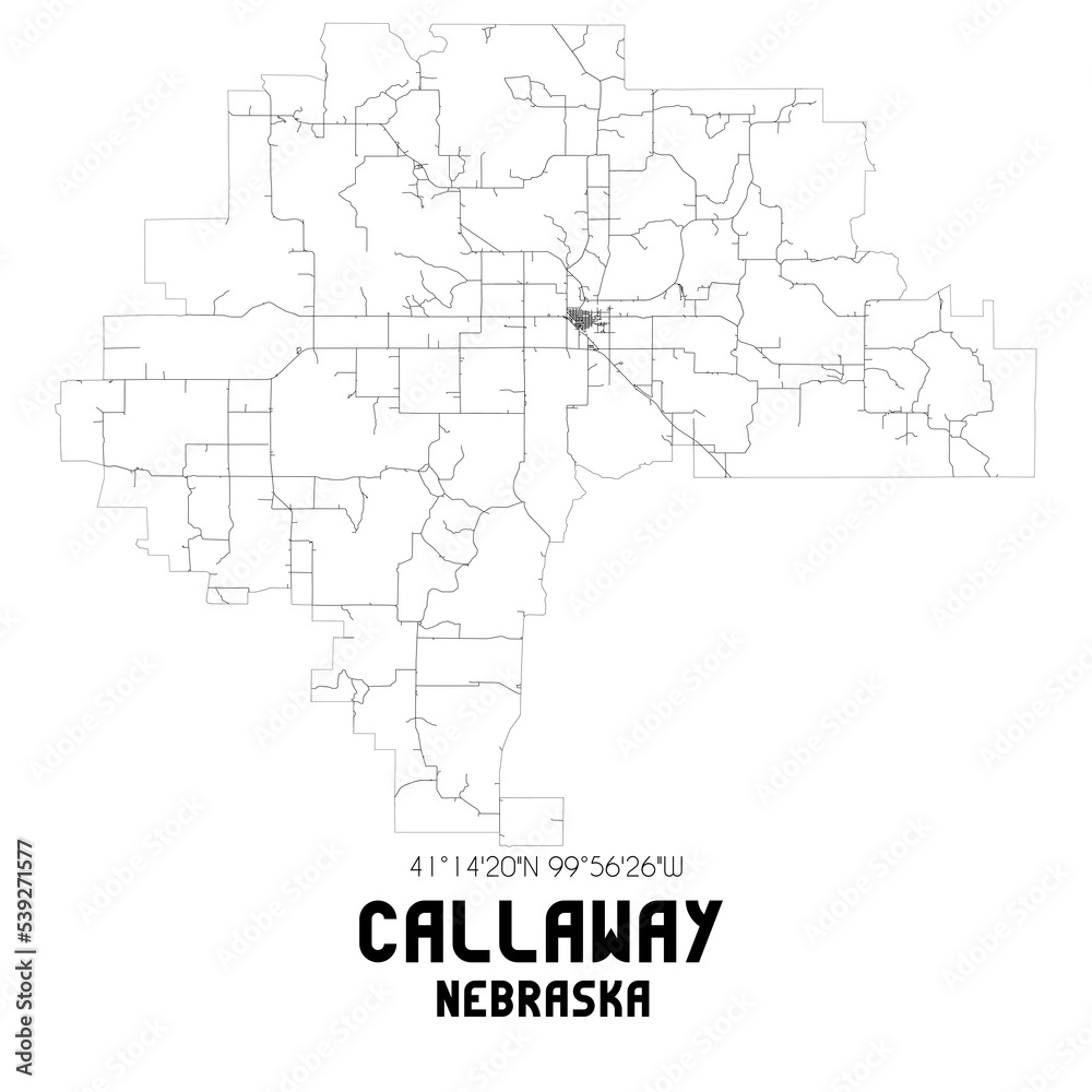 Callaway Nebraska. US street map with black and white lines.